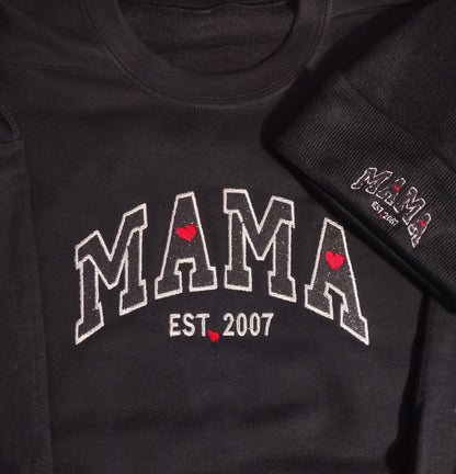 Ruby July "MAMA" Embroidered sweater and Beanie hat set personalized date