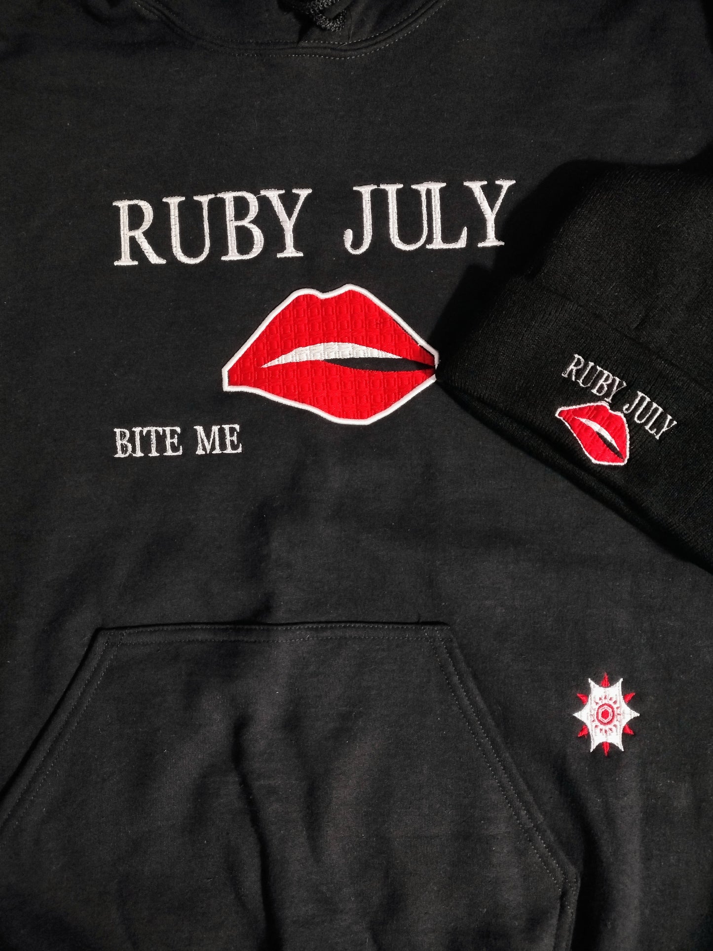 Ruby July Valentine's day sexy lips embroidered sweater with beanie hat