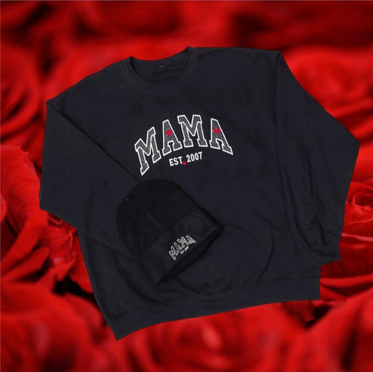 Ruby July "MAMA" Embroidered sweater and Beanie hat set personalized date