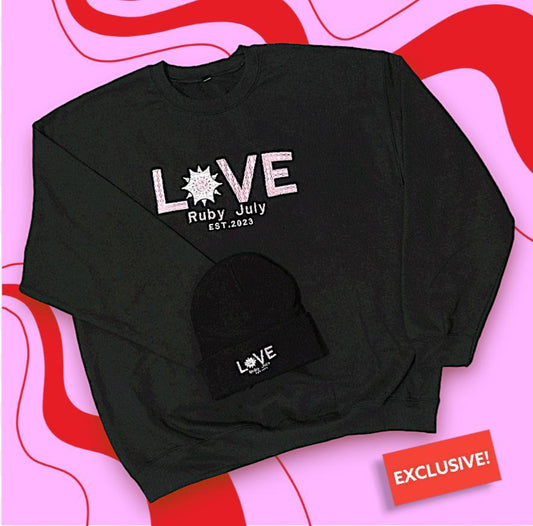Ruby July "LOVE" for Valentine's Day Embroidered sweater and beanie hat set
